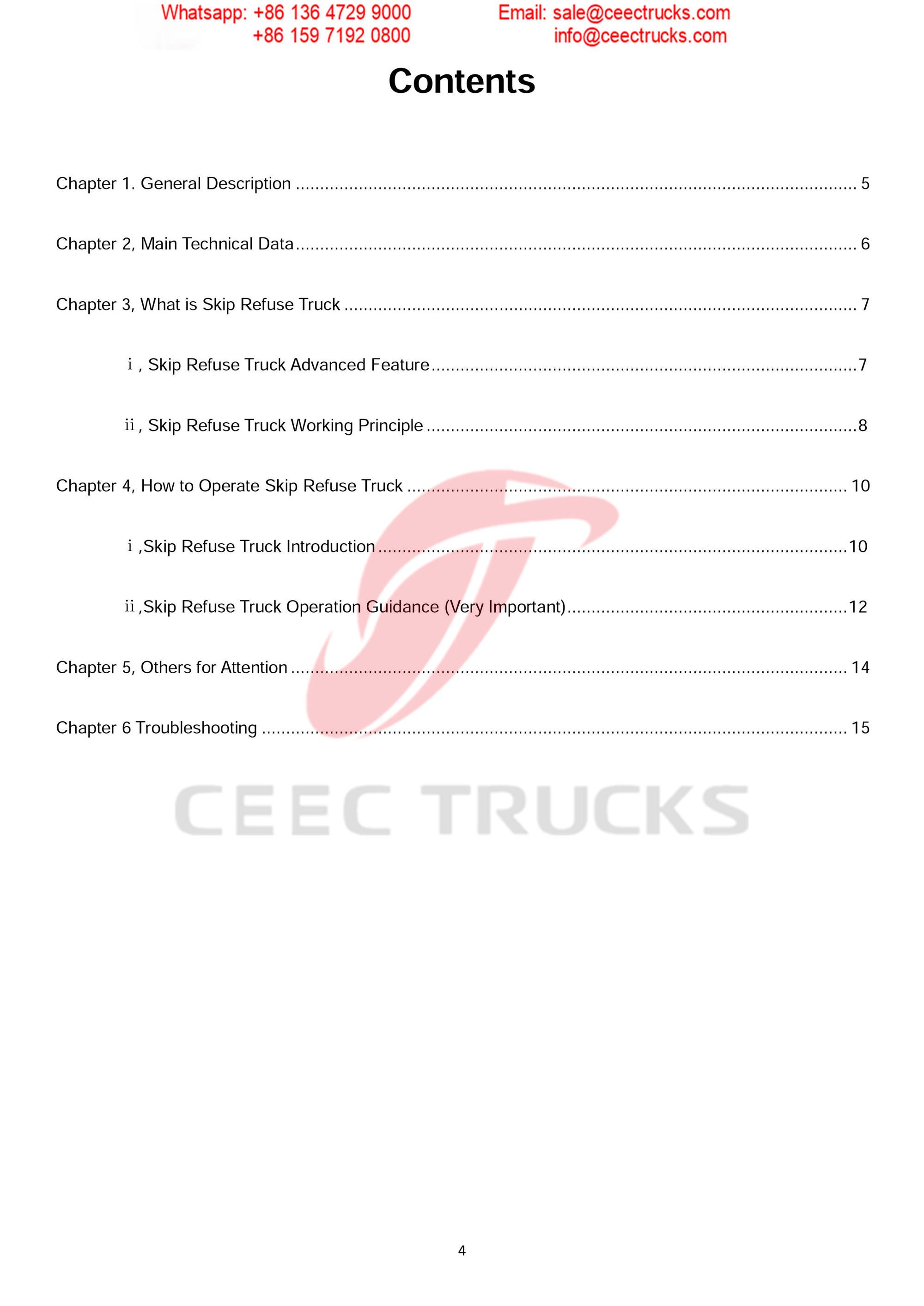 ISUZU 6CBM skip refuse truck Operation Manual