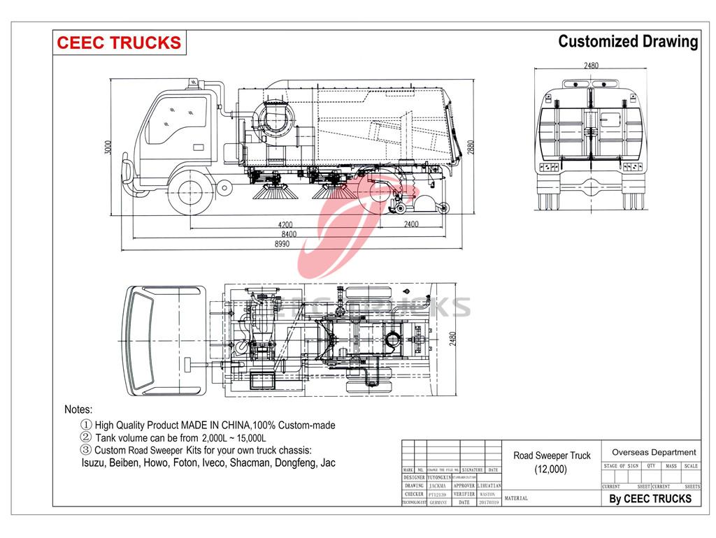 ISUZU 12CBM road sweeper truck drawing