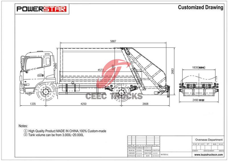 Technical drawing of Isuzu GIGA 15cbm garbage compactor truck