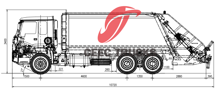 Technical drawing of HOWO 6x4 20cbm rear loader compactor